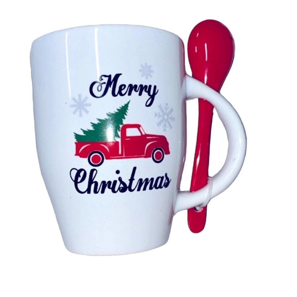 Merry Christmas red truck coffee mug with spoon